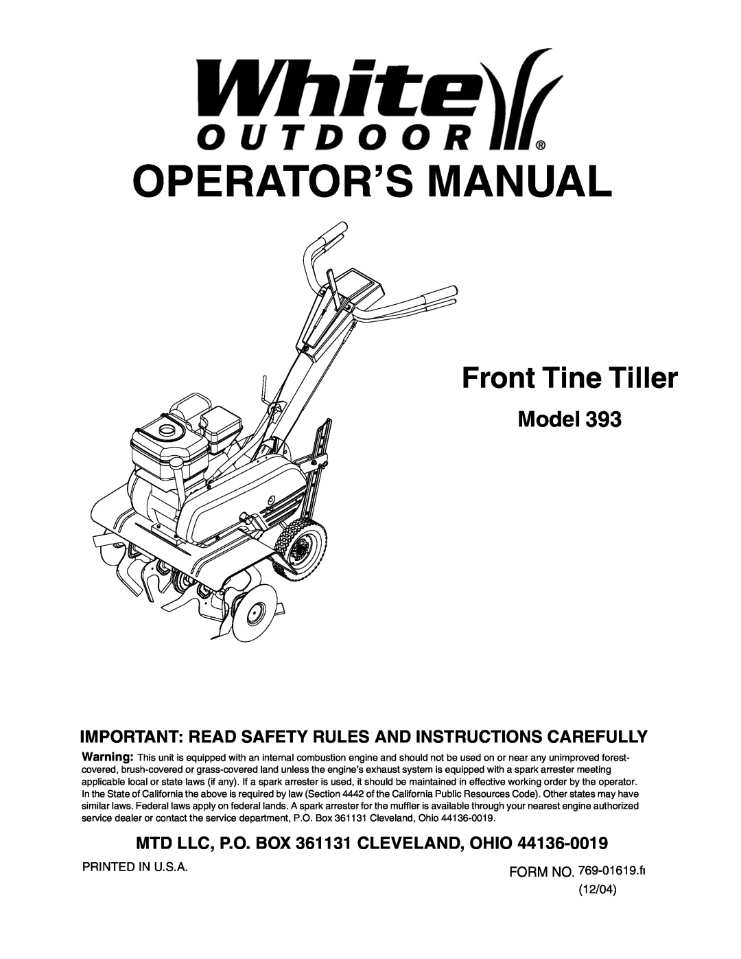 MTD 393 manual Operator’S Manual, Front Tine Tiller, Model, Important Read Safety Rules And Instructions Carefully 