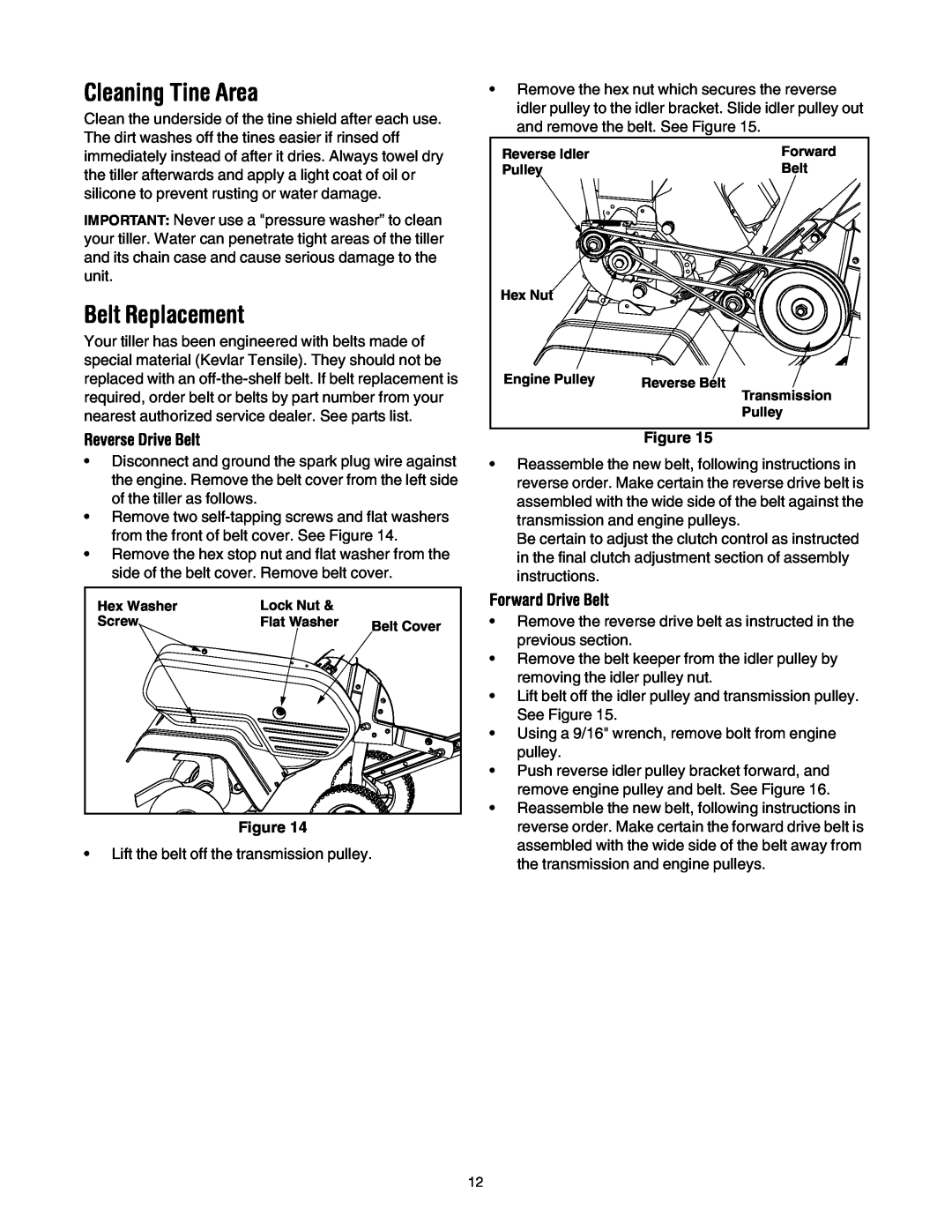 MTD 393 manual Cleaning Tine Area, Belt Replacement, Reverse Drive Belt, Forward Drive Belt 