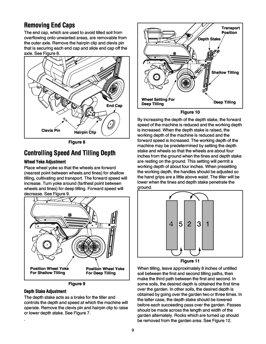 MTD 393 manual Removing End Caps, Controlling Speed And Tilling Depth, Wheel Yoke Adjustment, Depth Stake Adjustment 