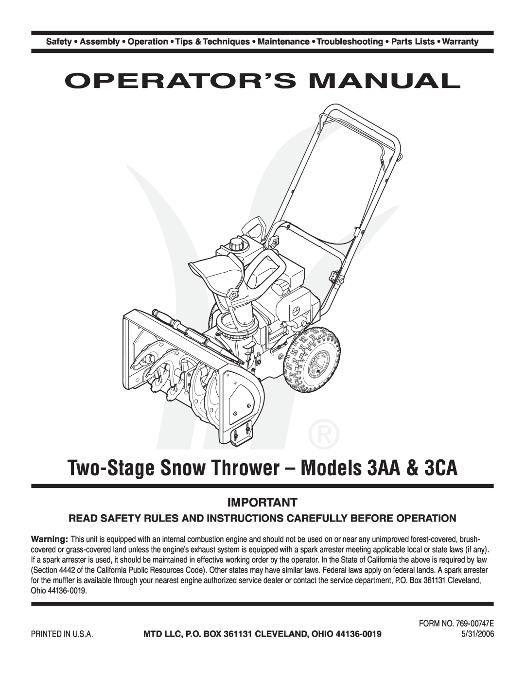MTD warranty Operator’S Manual, Two-Stage Snow Thrower - Models 3AA & 3CA, MTD LLC, P.O. BOX 361131 CLEVELAND, OHIO 