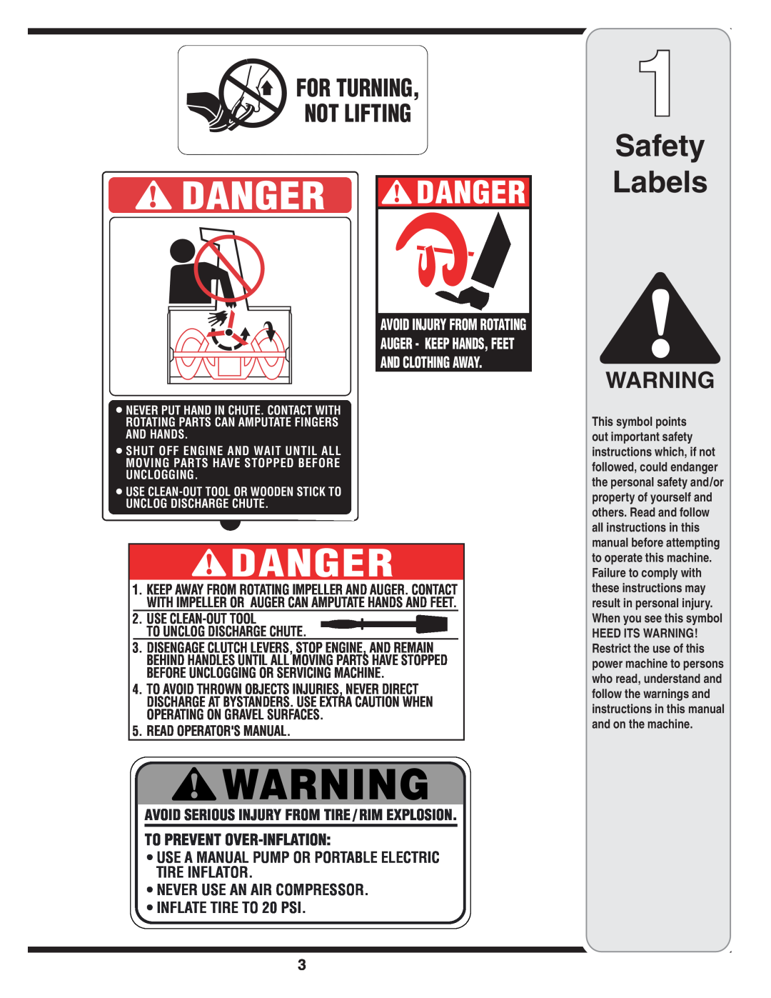 MTD 3AA & 3CA Safety Labels, Danger, $!.%2, For Turning Not Lifting, Avoid Serious Injury From Tire / Rim Explosion 