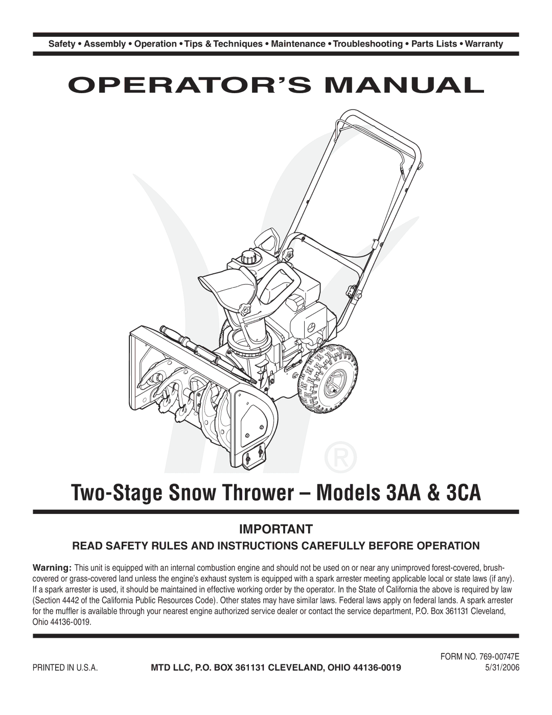 MTD 3AA & 3CA warranty OPERATOR’S Manual, MTD LLC, P.O. BOX 361131 CLEVELAND, Ohio 