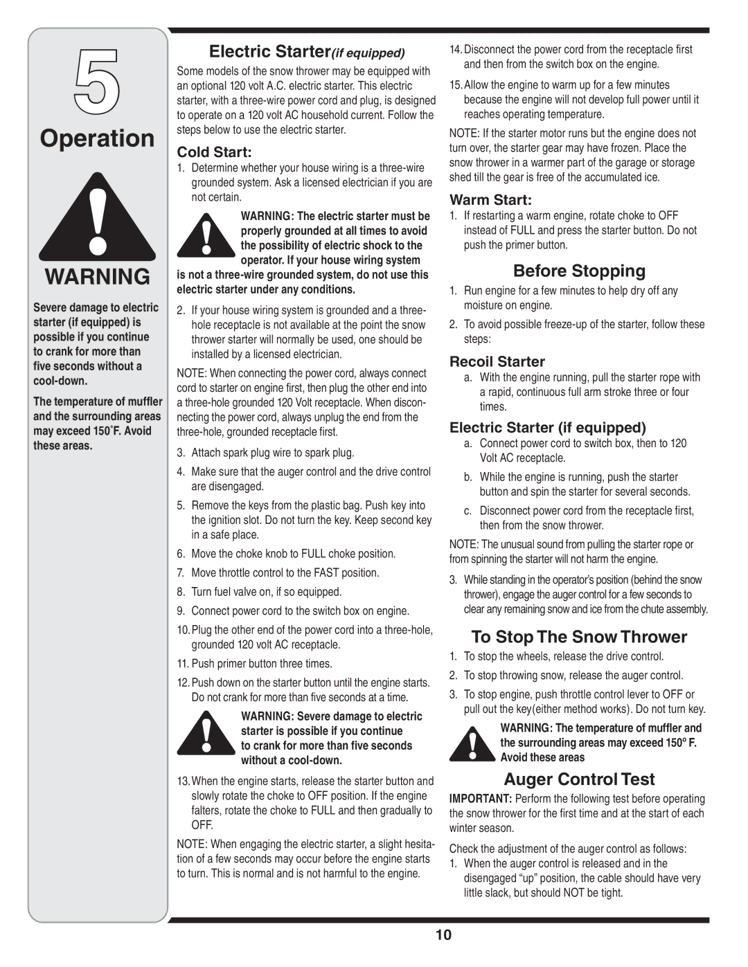 MTD 3AA & 3CA warranty Electric Starterif equipped, Before Stopping, To Stop The Snow Thrower, Auger Control Test 