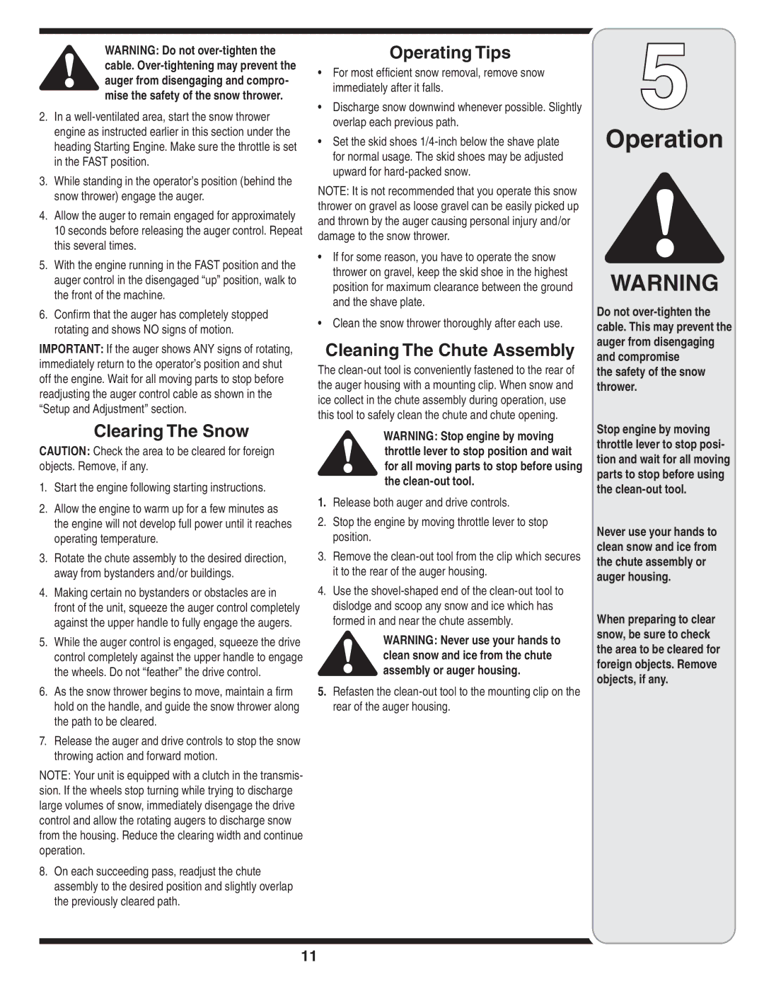 MTD 3AA & 3CA warranty Clearing The Snow, Operating Tips, Cleaning The Chute Assembly, Safety of the snow thrower 