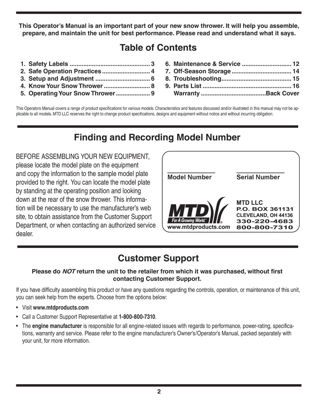 MTD 3AA & 3CA warranty Table of Contents 