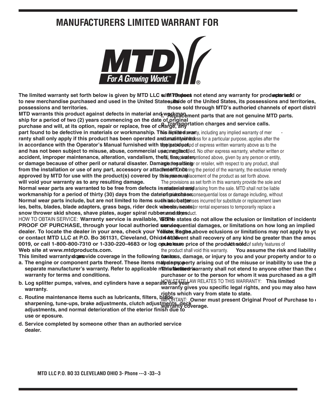 MTD 3AA & 3CA warranty MANUFACTURER’S Limited Warranty for 