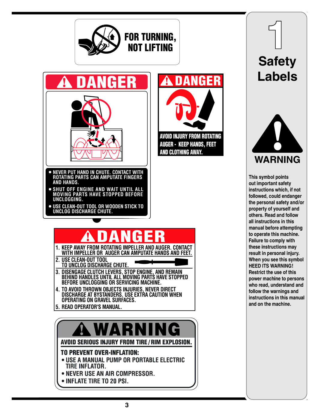 MTD 3AA & 3CA warranty Safety Labels, For Turning Not Lifting 