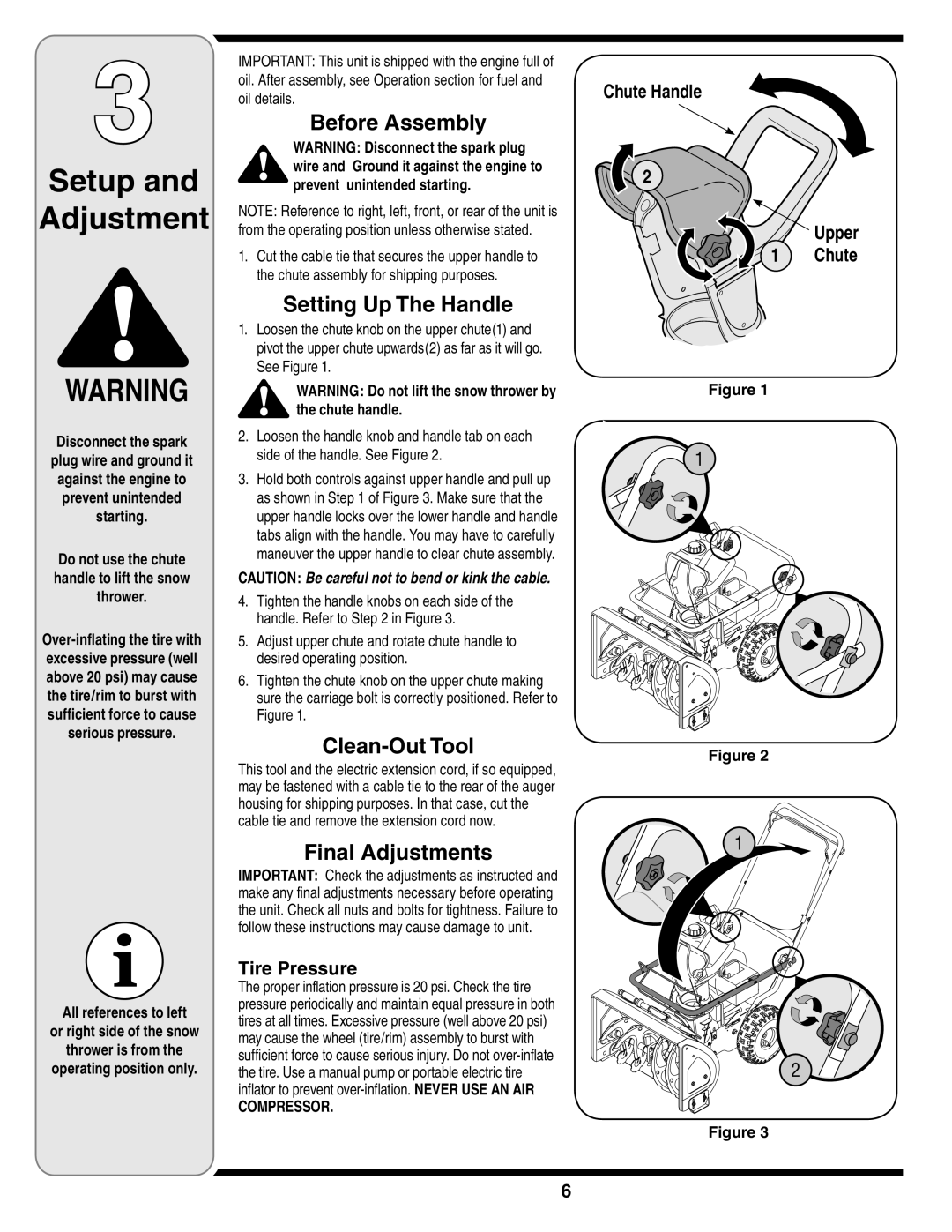 MTD 3AA & 3CA warranty Setup Adjustment, Before Assembly, Setting Up The Handle, Clean-Out Tool, Final Adjustments 