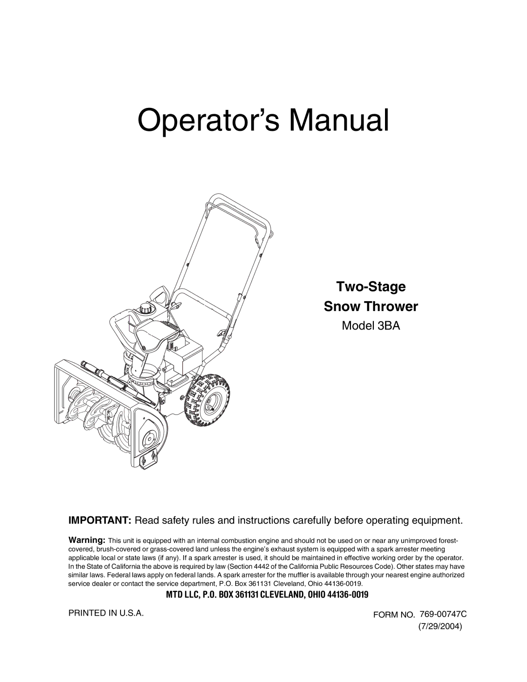 MTD 3BA manual Operator’s Manual, MTD LLC, P.O. BOX 361131 CLEVELAND, Ohio 