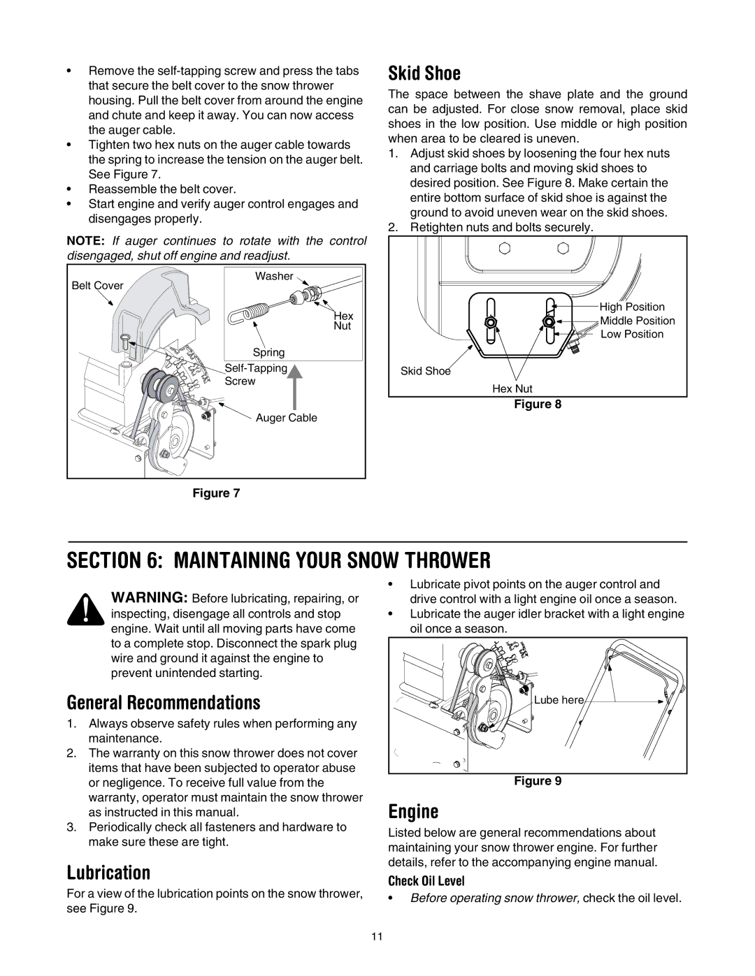 MTD 3BA manual Maintaining Your Snow Thrower, Skid Shoe, General Recommendations, Lubrication, Engine 