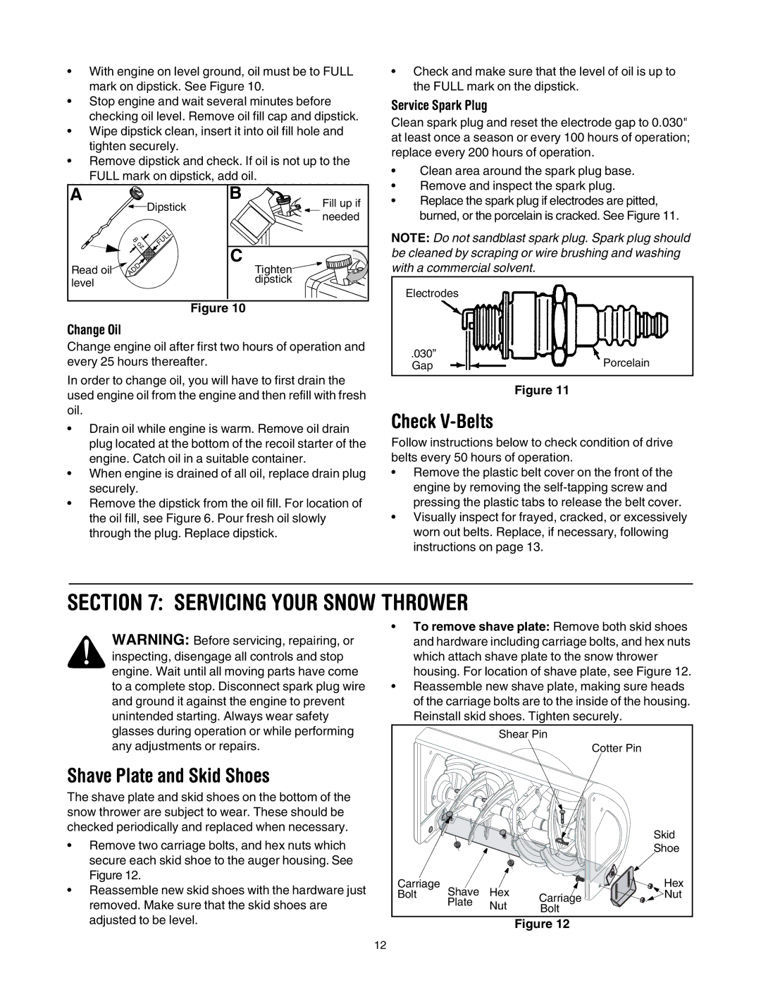 MTD 3BA manual Servicing Your Snow Thrower, Check V-Belts, Shave Plate and Skid Shoes, Change Oil, Service Spark Plug 