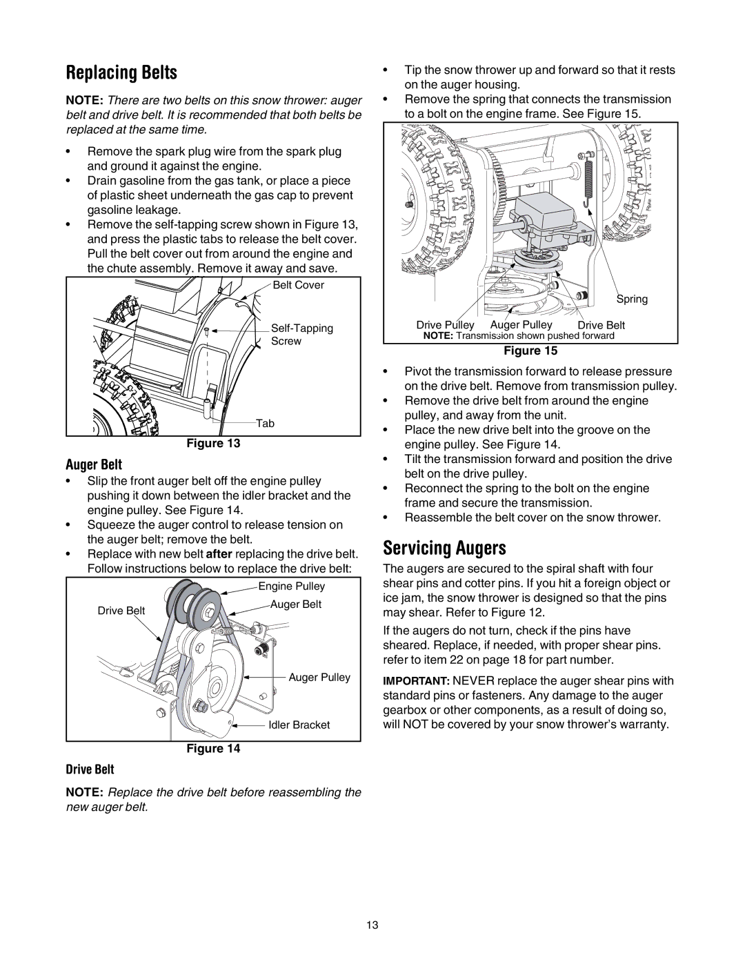 MTD 3BA manual Replacing Belts, Servicing Augers, Drive Belt 