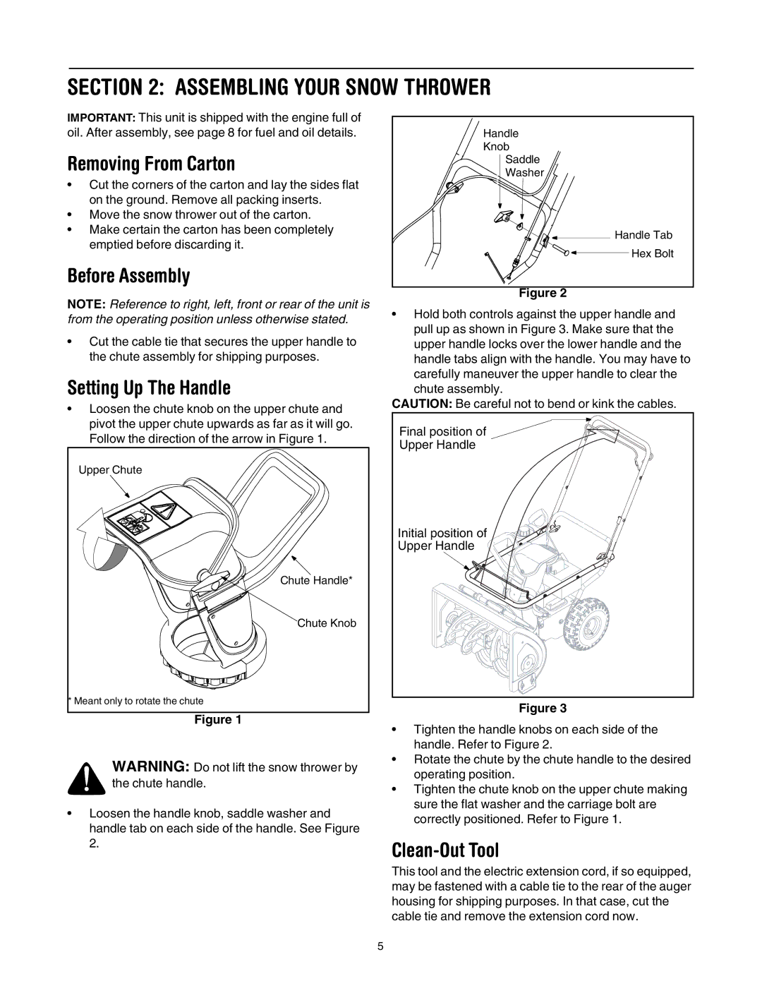 MTD 3BA manual Assembling Your Snow Thrower, Removing From Carton, Before Assembly, Setting Up The Handle, Clean-Out Tool 