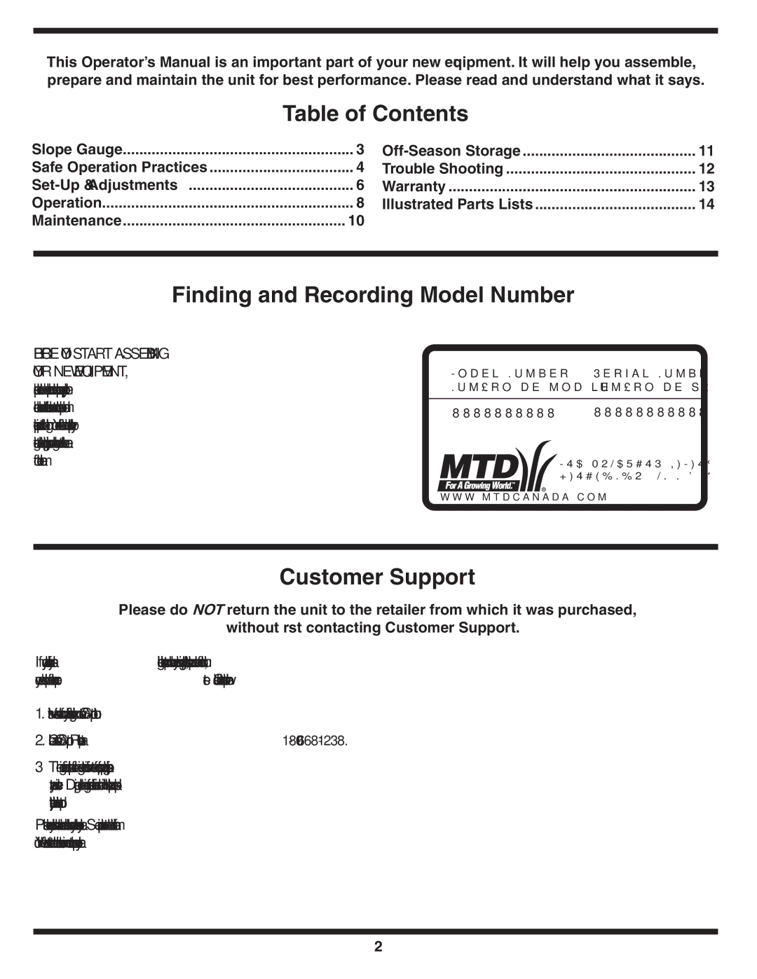 MTD 400 Series warranty Table of Contents, Finding and Recording Model Number, Customer Support 