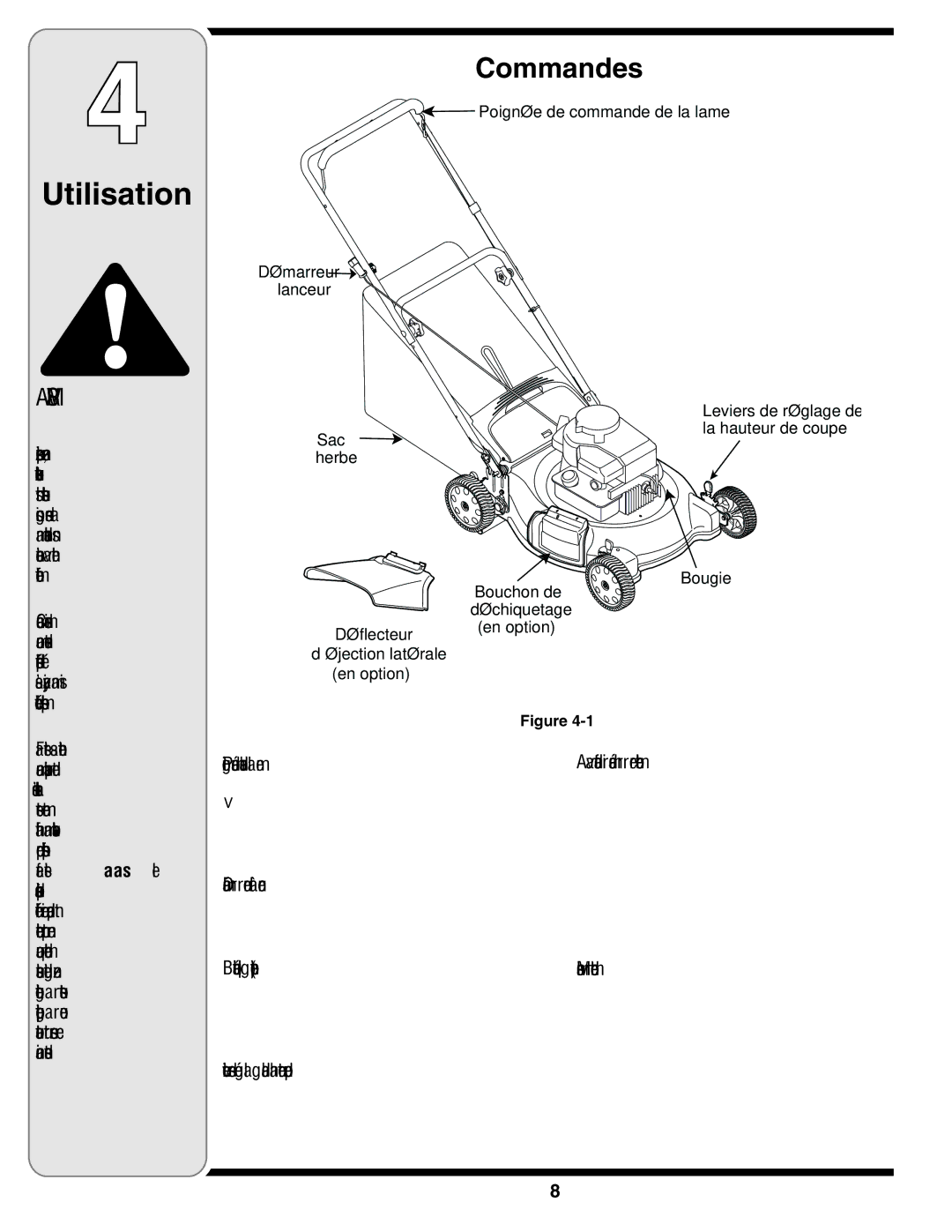 MTD 400 Series warranty Commandes, Option en déchiquetage de Bouchon, ’essence plein le jamais faites Ne 