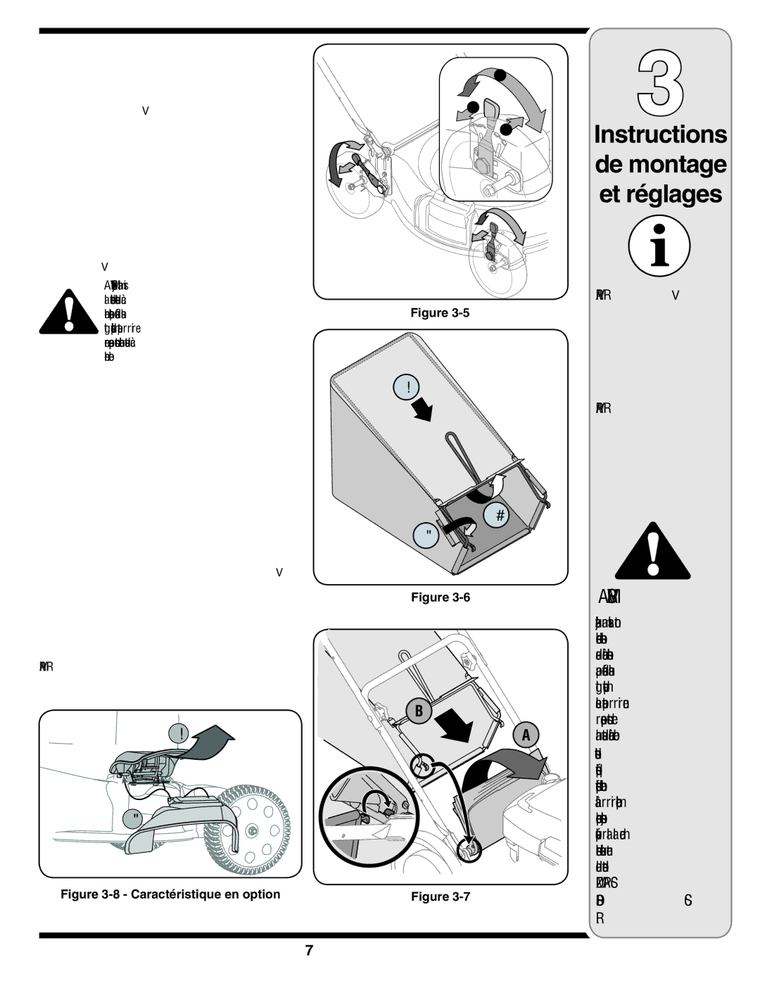 MTD 400 Series warranty Réglages et, Montage de, Instructions 