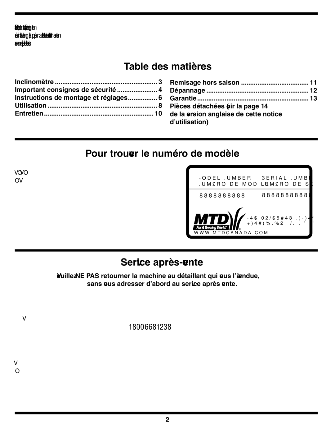 MTD 400 Series warranty Vente-après Service, Modèle de numéro le trouver Pour, Matières des Table, 1238-668-800-1 