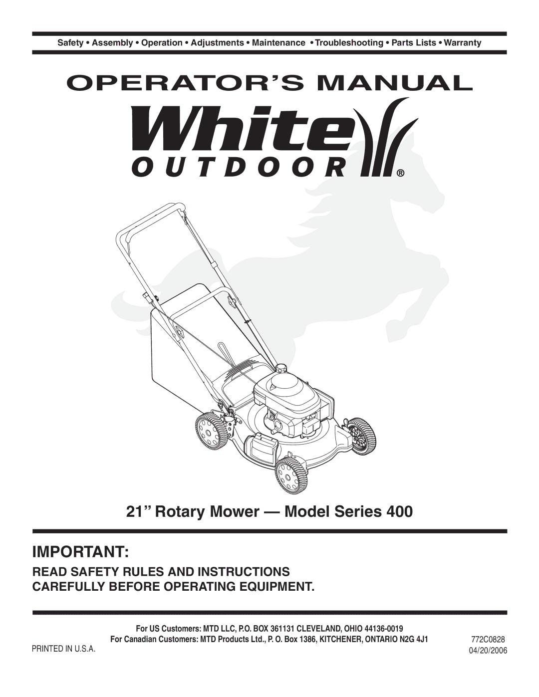 MTD 400 warranty OPERATOR’S Manual, Rotary Mower Model Series 