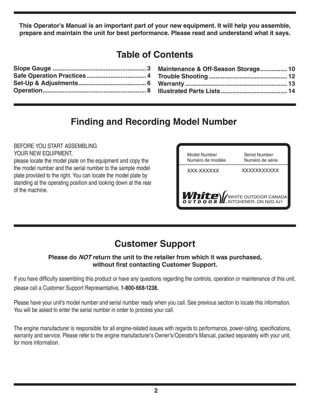 MTD 400 warranty Table of Contents, Finding and Recording Model Number, Customer Support 