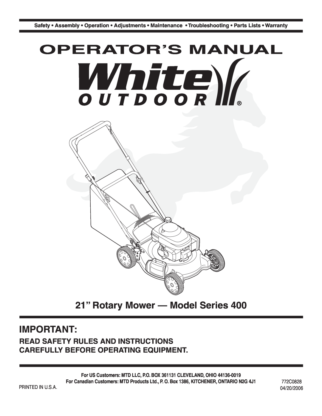 MTD 400 warranty Operator’S Manual, 21” Rotary Mower - Model Series, Read Safety Rules And Instructions, 772C0828 
