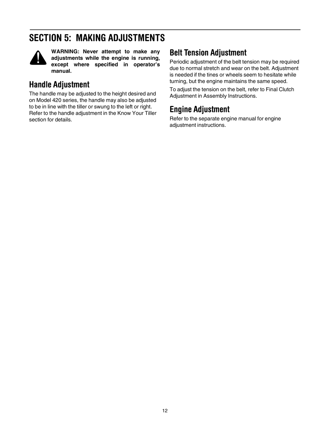 MTD 410 Series manual Handle Adjustment, Belt Tension Adjustment, Engine Adjustment 