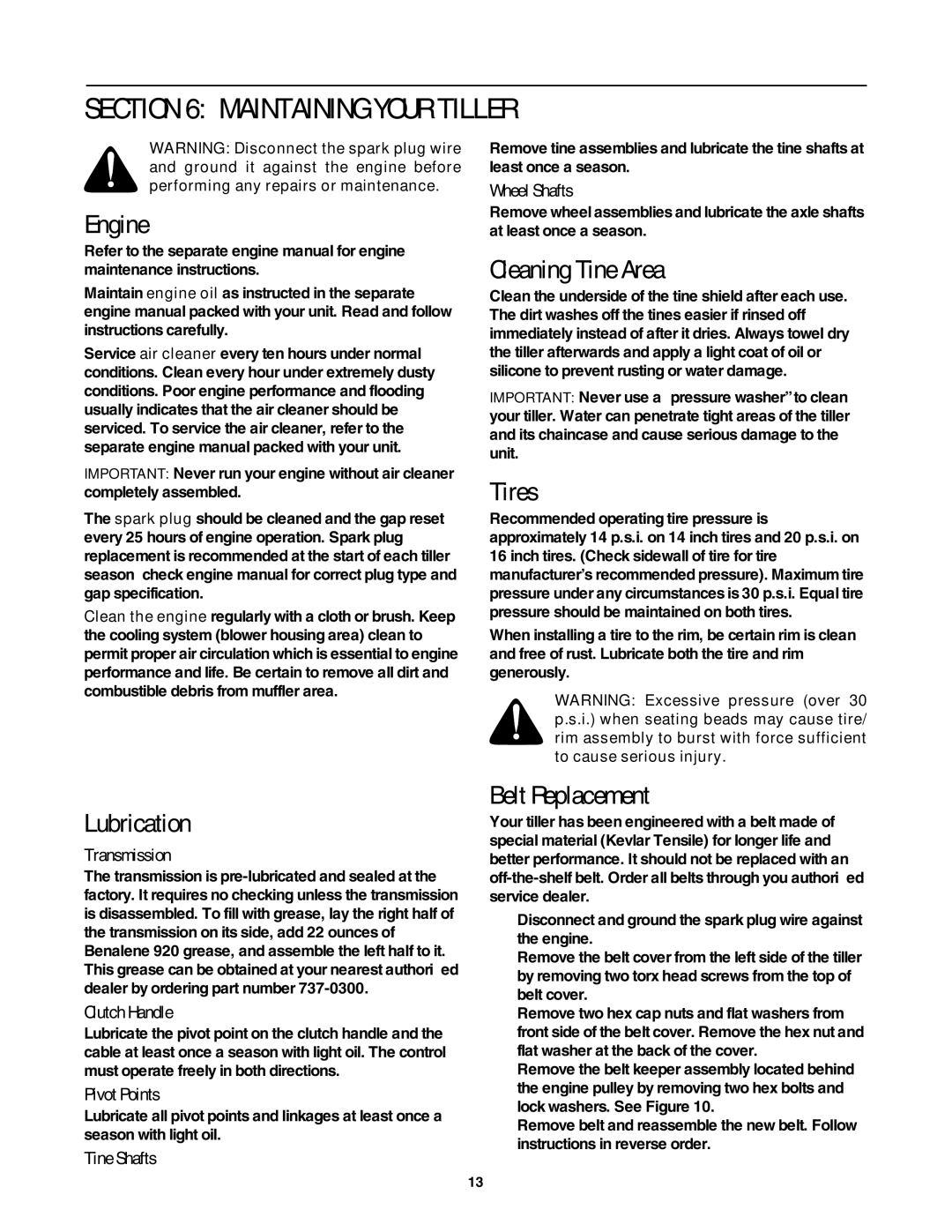 MTD 410 Series manual Maintaining Your Tiller 