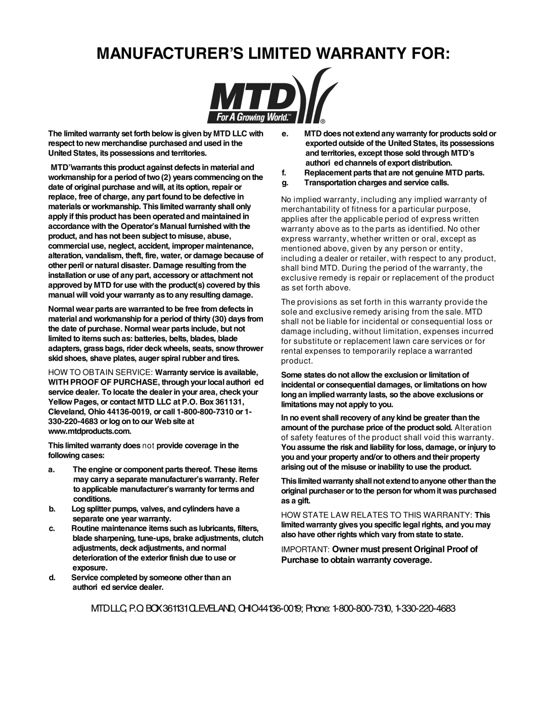 MTD 410 Series manual MANUFACTURER’S Limited Warranty for 