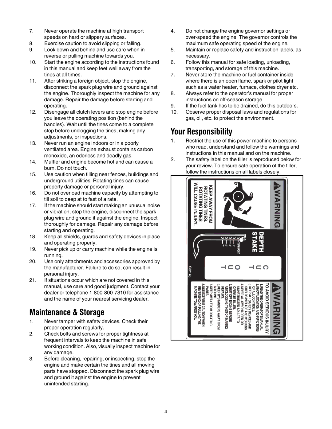 MTD 410 Series manual Maintenance & Storage, Your Responsibility 