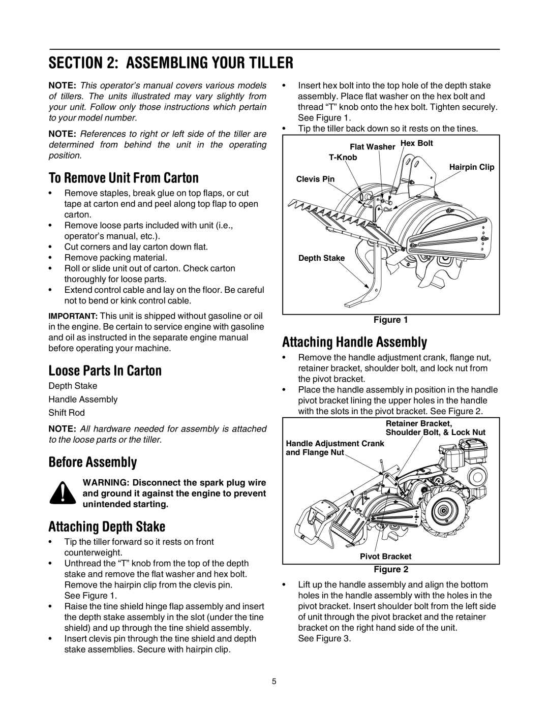 MTD 410 Series manual Assembling Your Tiller, To Remove Unit From Carton, Loose Parts In Carton, Attaching Handle Assembly 