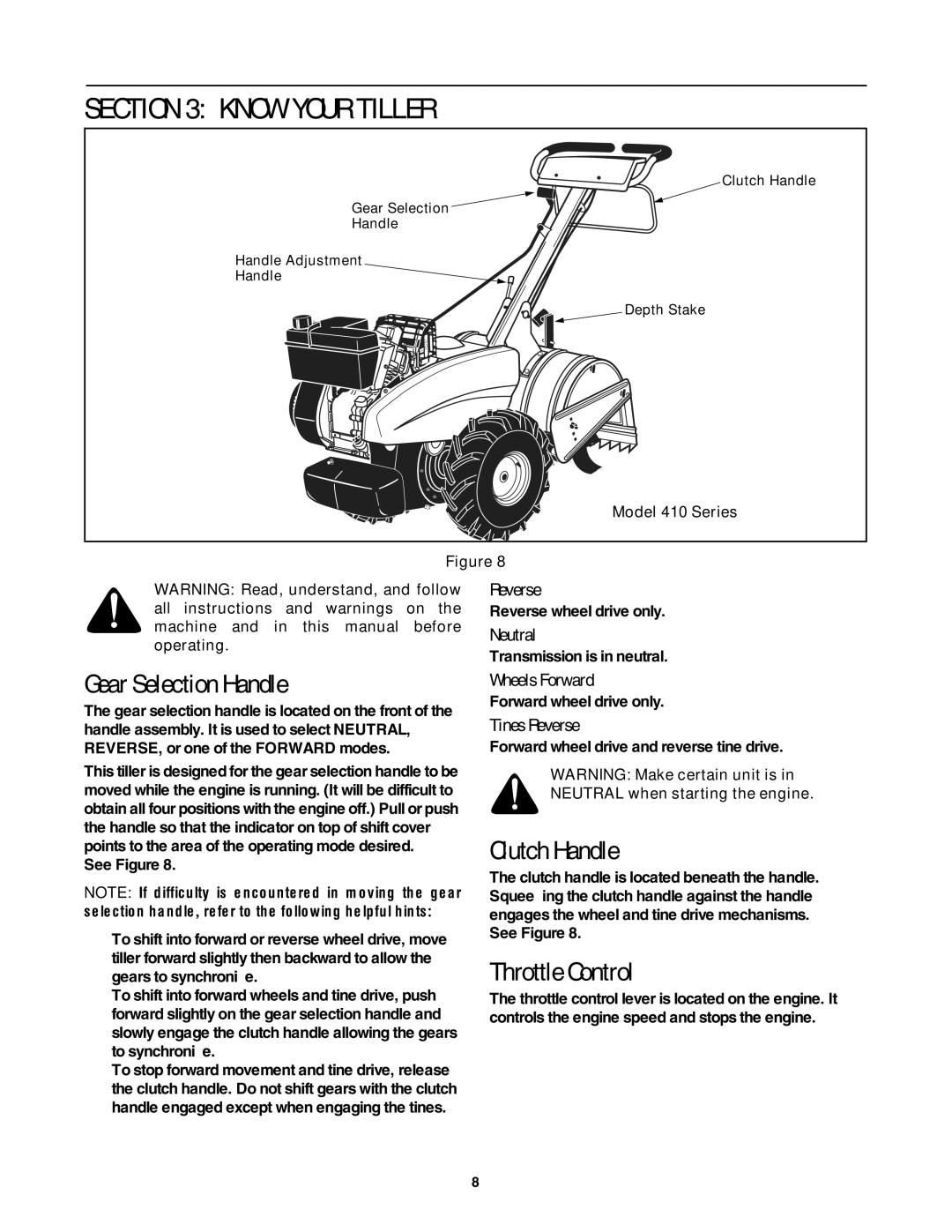 MTD manual Know Your Tiller, Gear Selection Handle, Clutch Handle, Throttle Control, Model 410 Series 