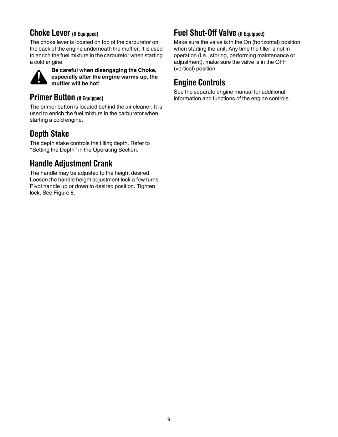 MTD 410 Series manual Primer Button If Equipped, Depth Stake, Handle Adjustment Crank, Fuel Shut-Off Valve If Equipped 