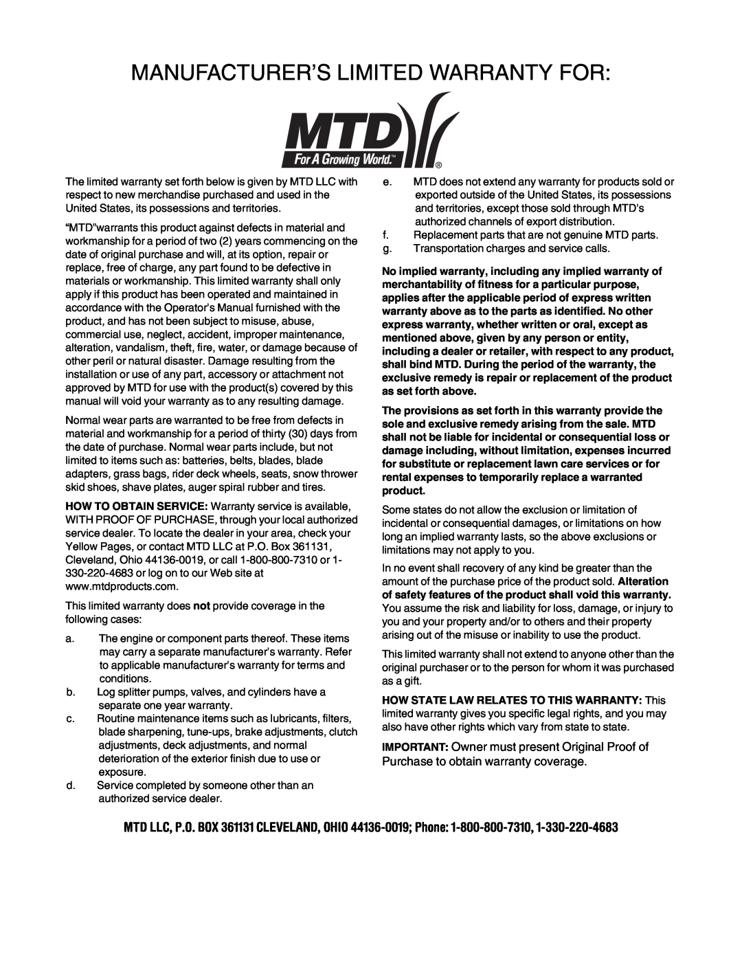 MTD 410 Series manual Manufacturer’S Limited Warranty For 
