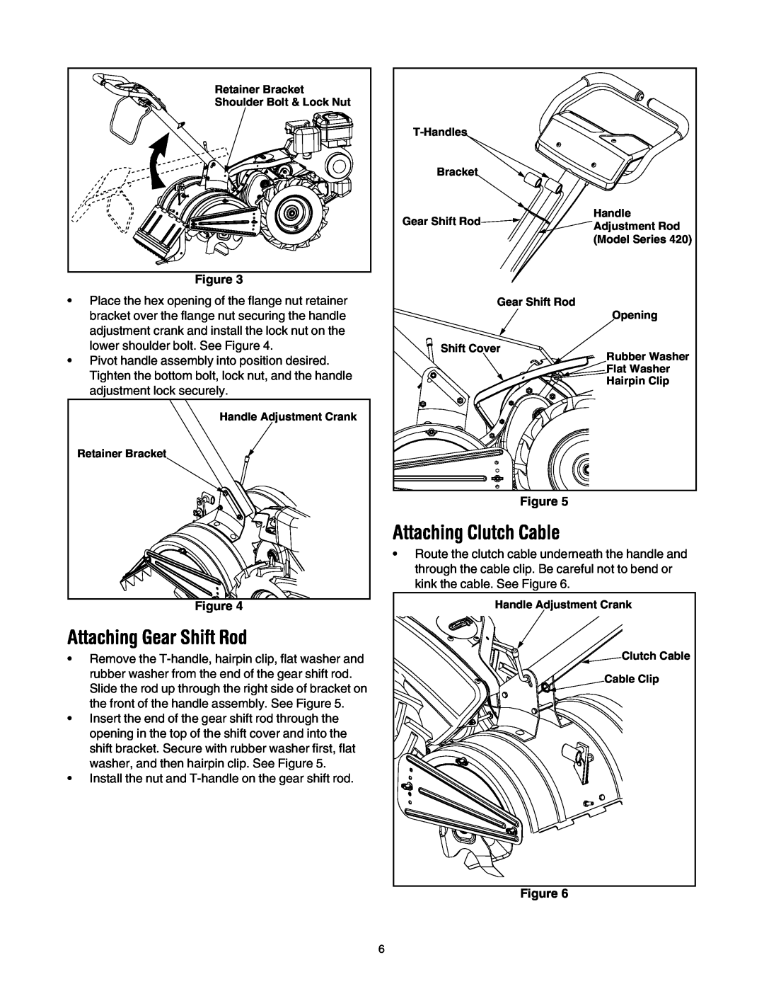 MTD 410 Series manual Attaching Gear Shift Rod, Attaching Clutch Cable 
