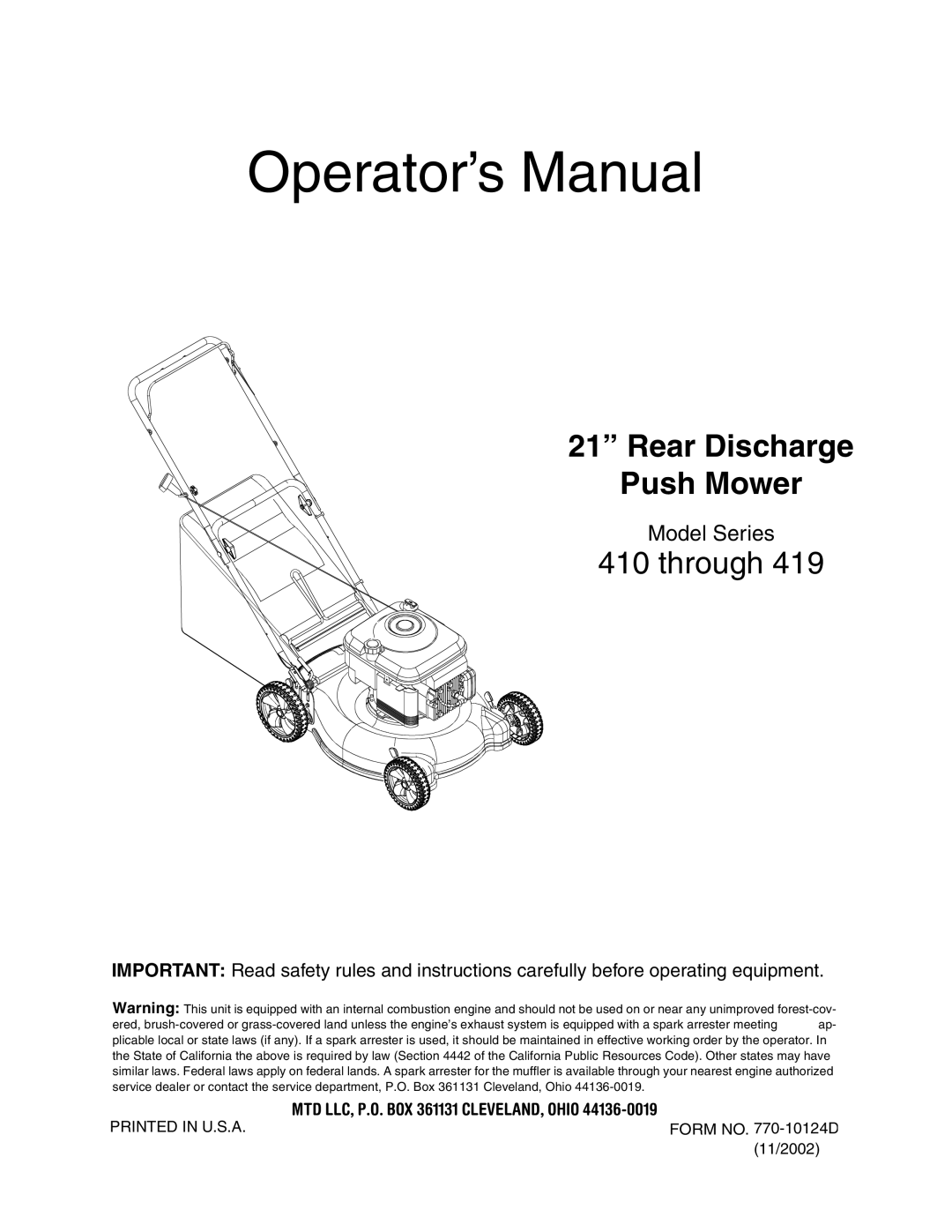 MTD 410 through 419 manual Operator’s Manual 