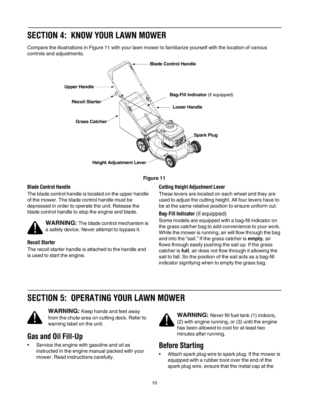 MTD 410 through 419 manual Know Your Lawn Mower, Operating Your Lawn Mower, Gas and Oil Fill-Up, Before Starting 