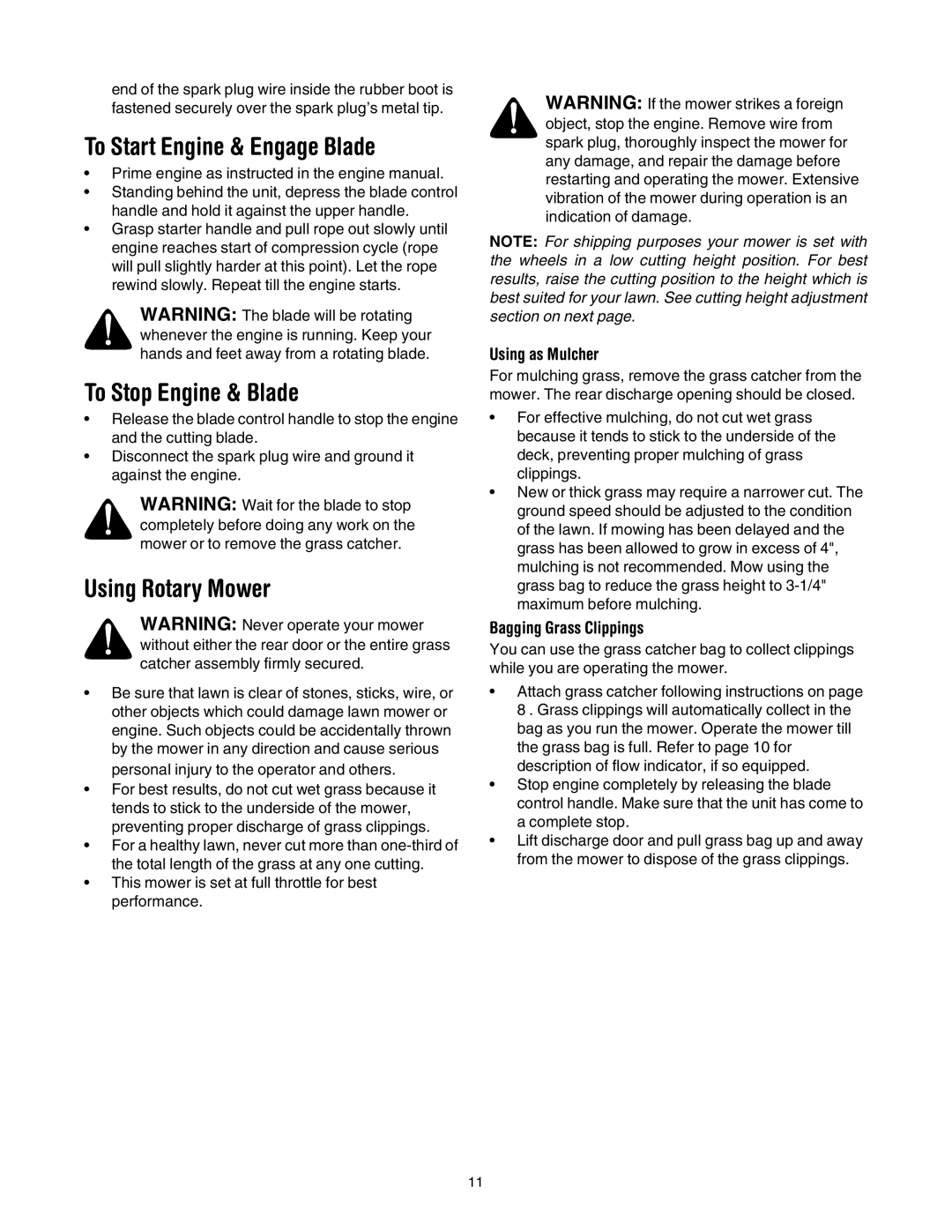 MTD 410 through 419 manual To Start Engine & Engage Blade, To Stop Engine & Blade, Using Rotary Mower, Using as Mulcher 