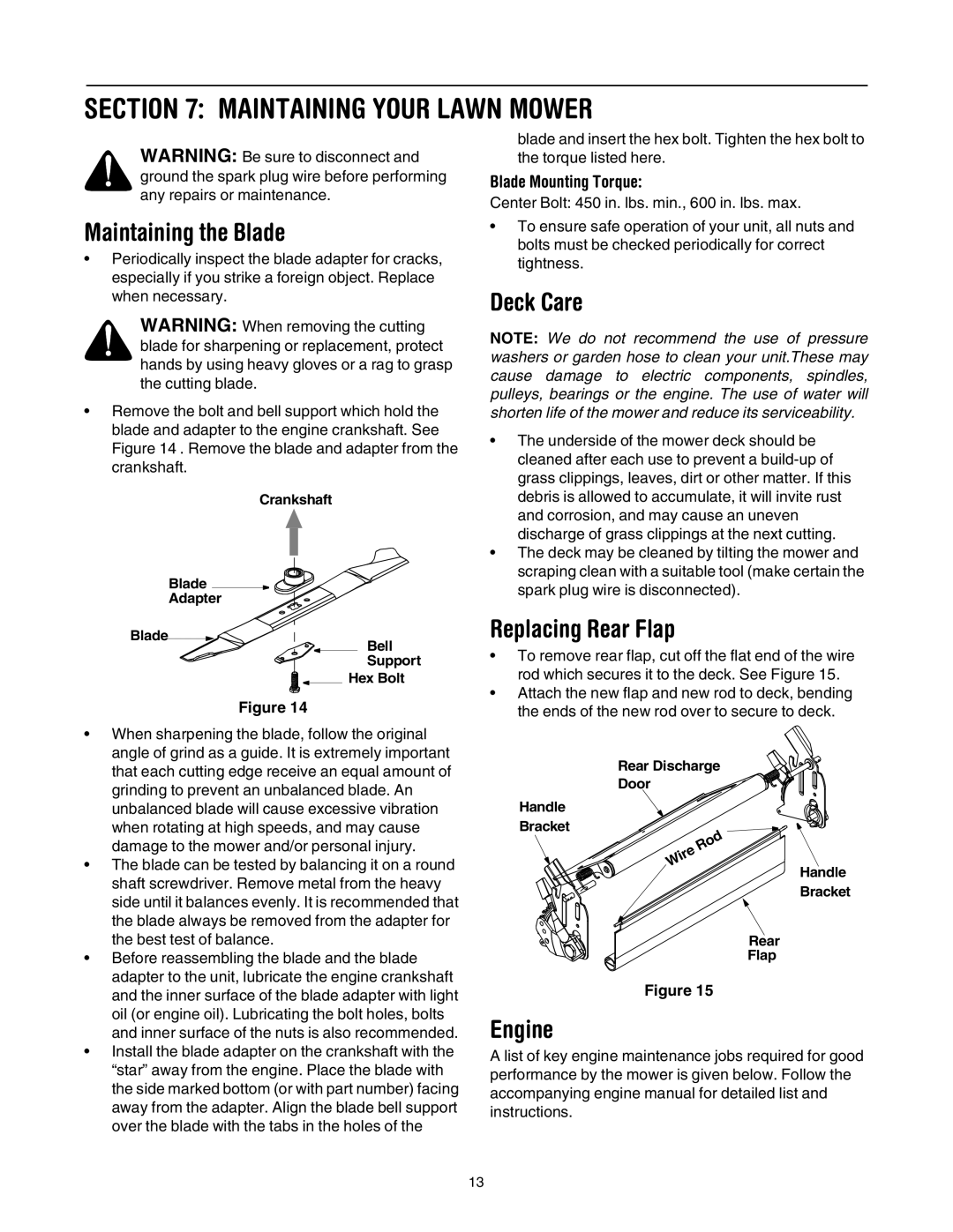 MTD 410 through 419 manual Maintaining Your Lawn Mower, Maintaining the Blade, Deck Care, Replacing Rear Flap, Engine 