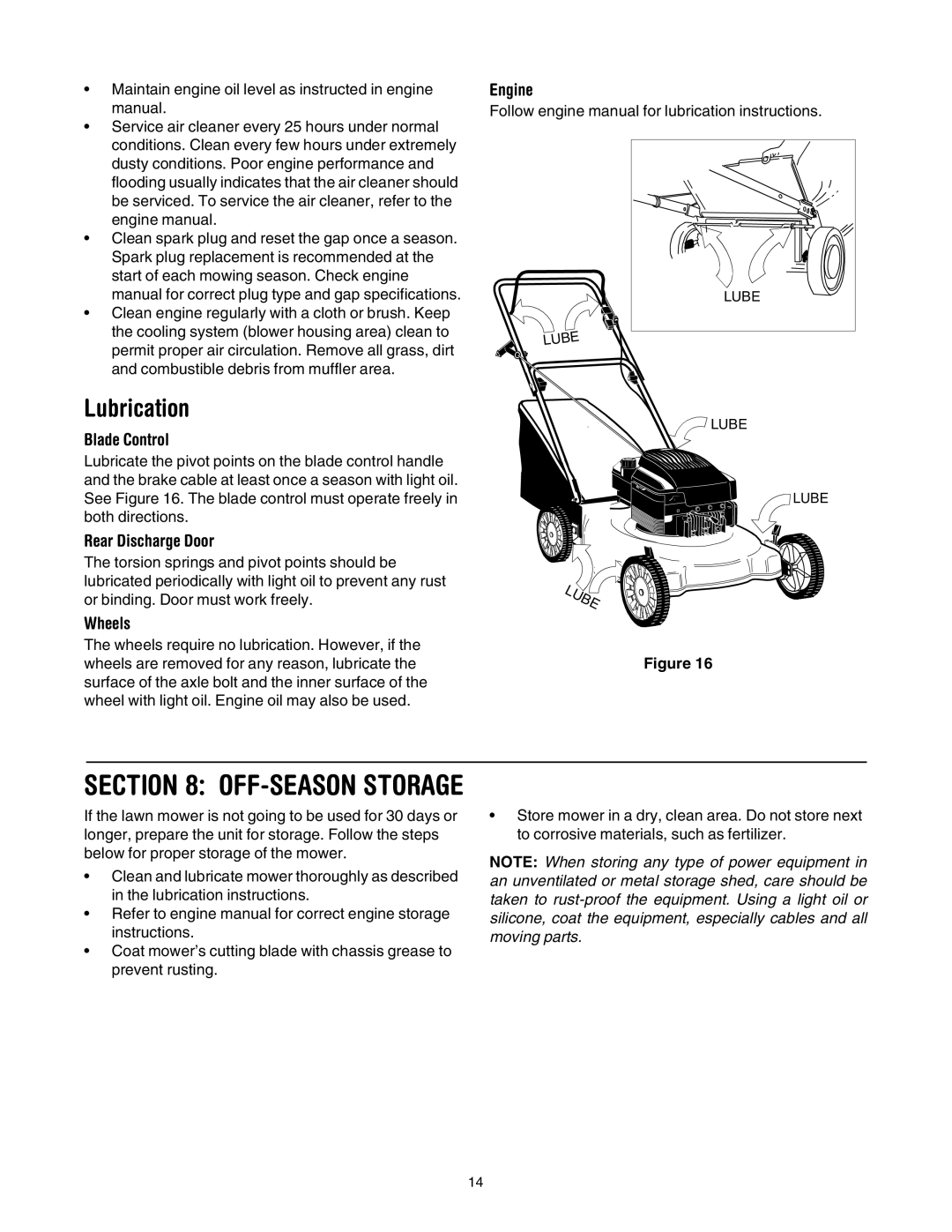 MTD 410 through 419 manual Lubrication, Blade Control, Rear Discharge Door, Wheels, Engine 