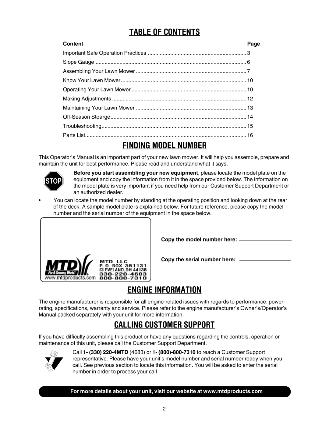 MTD 410 through 419 manual Table of Contents 