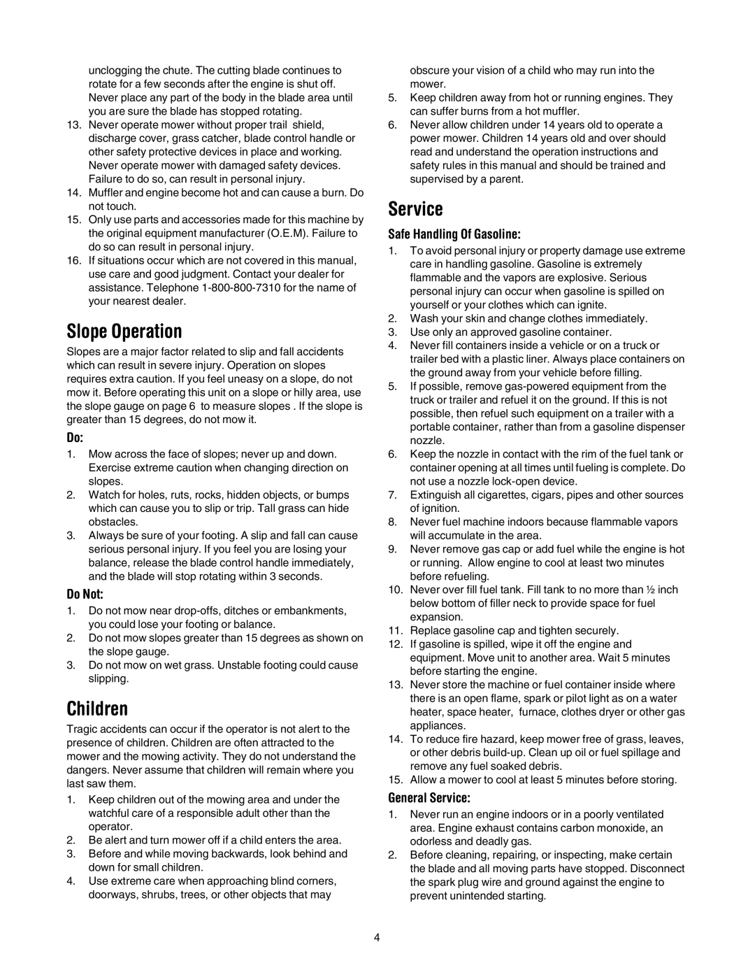 MTD 410 through 419 manual Slope Operation, Children, Service 