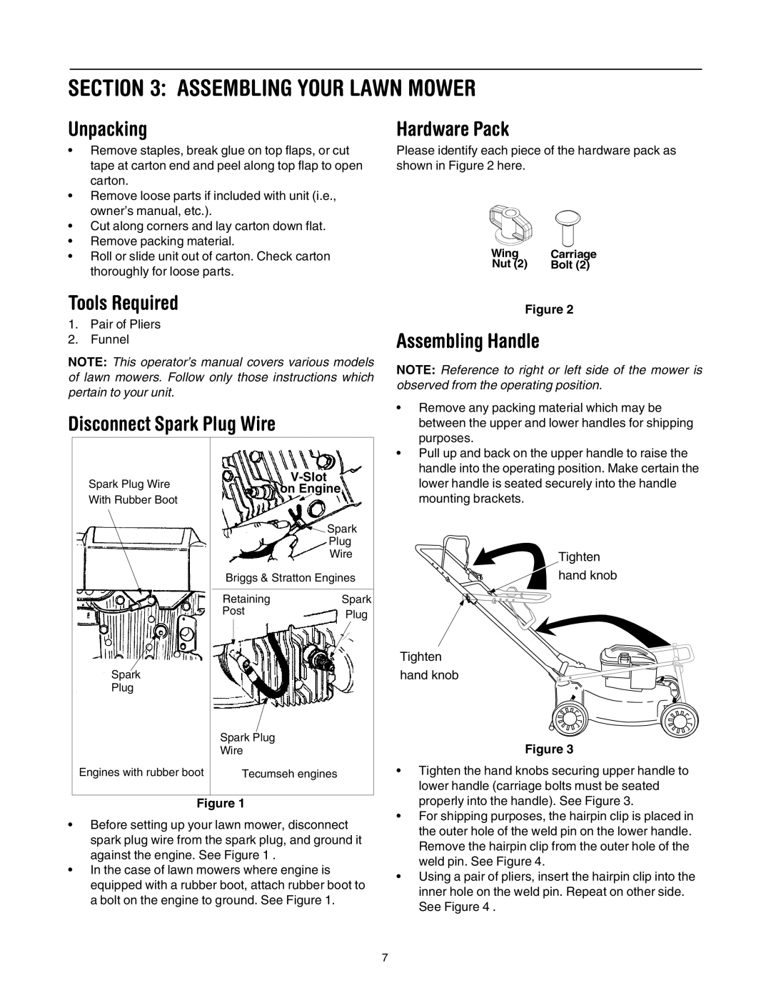 MTD 410 through 419 manual Assembling Your Lawn Mower, Unpacking, Tools Required, Disconnect Spark Plug Wire Hardware Pack 