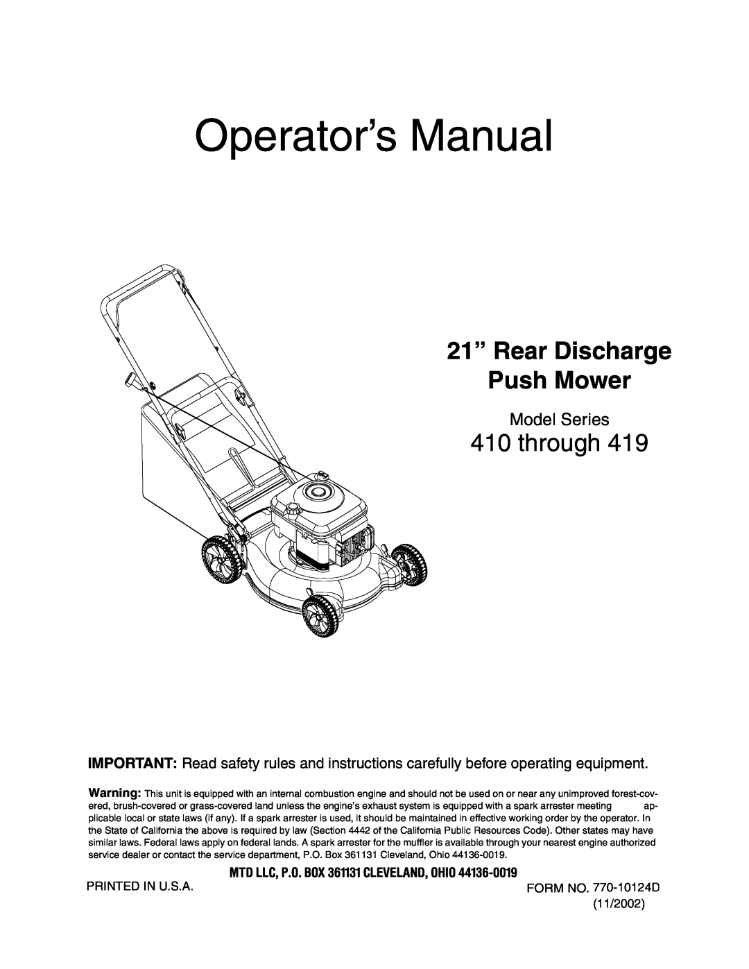 MTD 410 through 419 manual Operator’s Manual, 21” Rear Discharge Push Mower, Model Series 