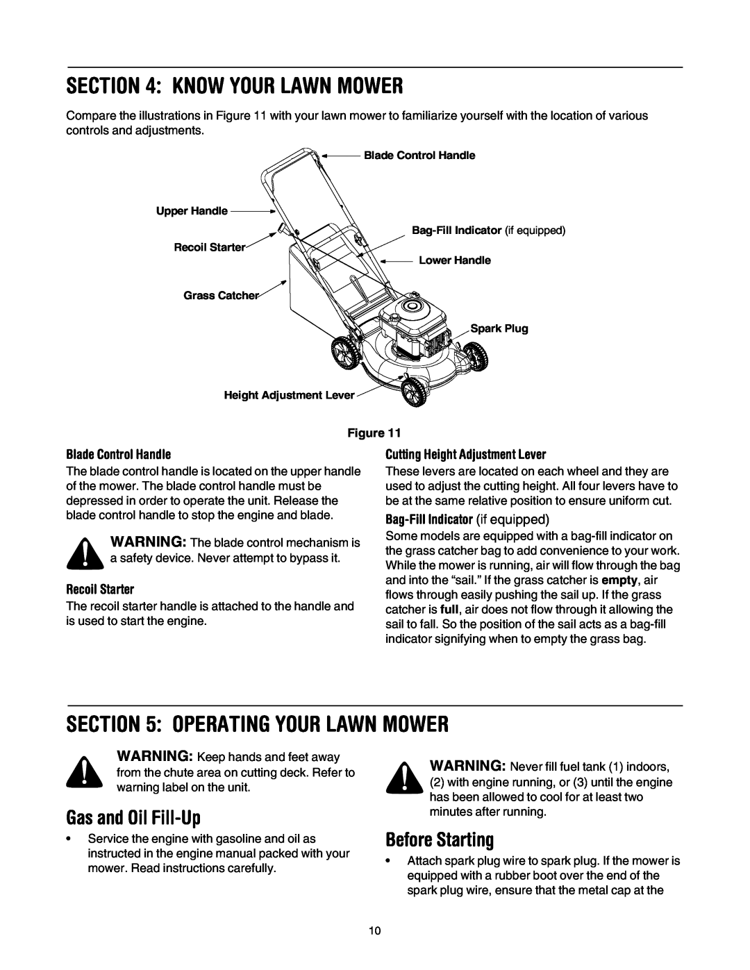 MTD 410 through 419 Know Your Lawn Mower, Operating Your Lawn Mower, Gas and Oil Fill-Up, Before Starting, Recoil Starter 