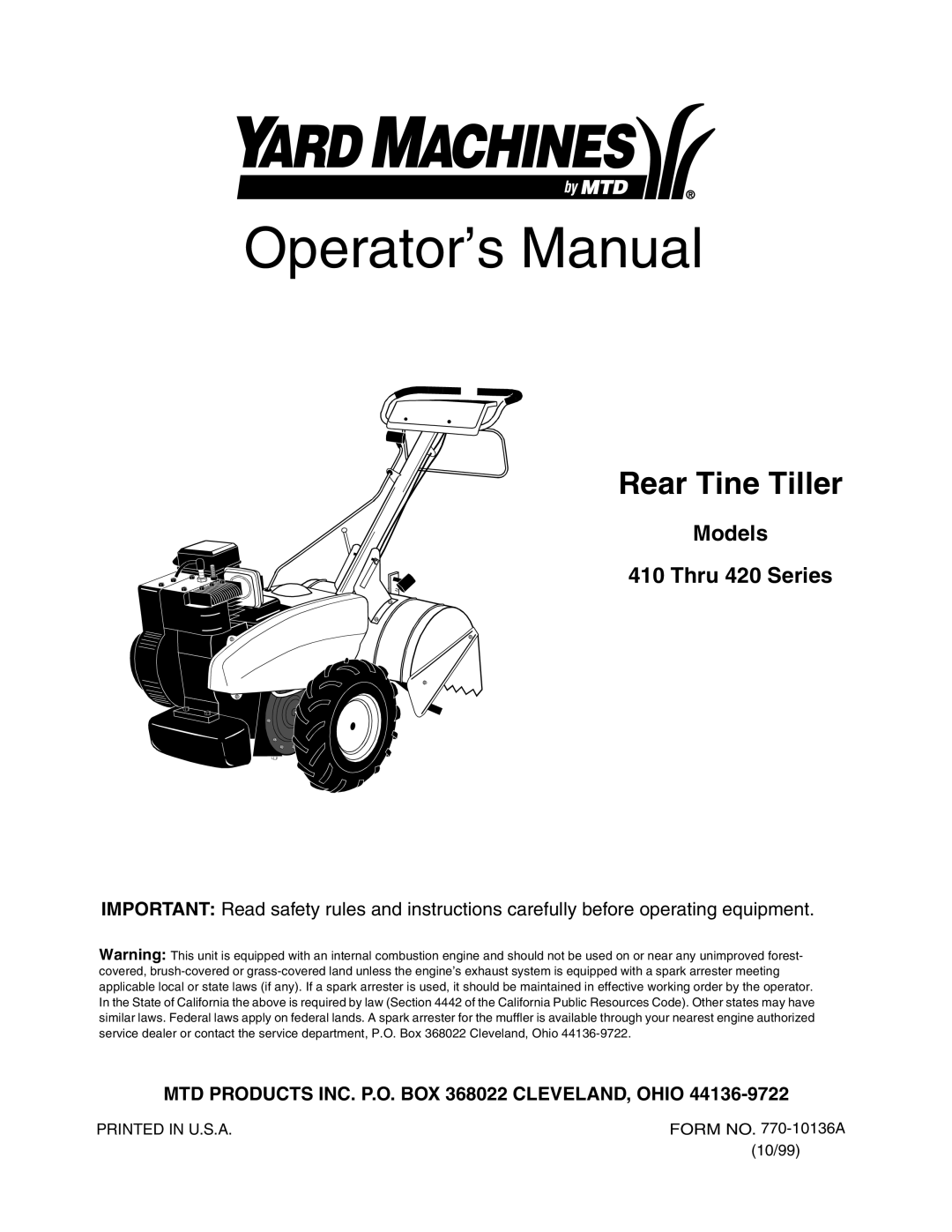 MTD 410 Thru 420 manual Operator’s Manual 