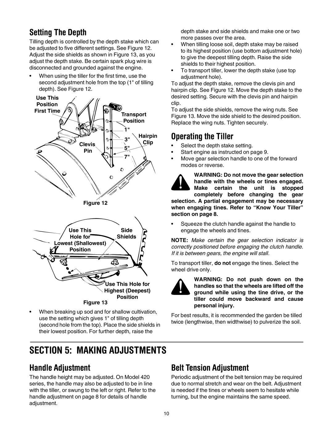 MTD 410 Thru 420 Making Adjustments, Setting The Depth, Operating the Tiller, Handle Adjustment, Belt Tension Adjustment 