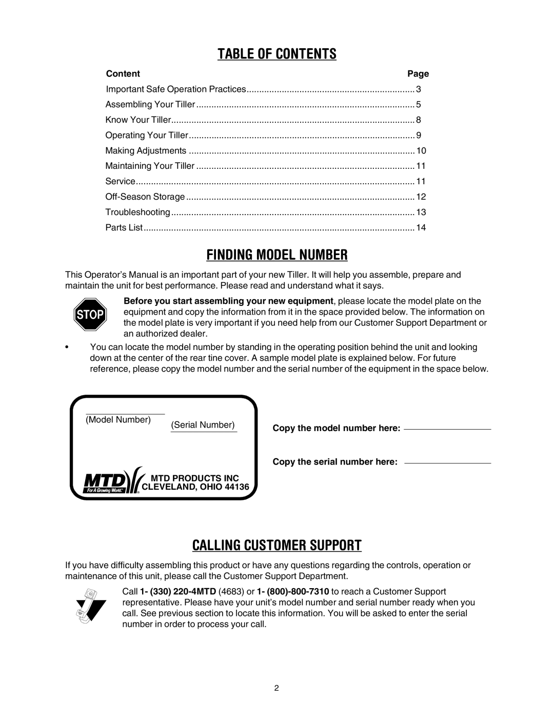 MTD 410 Thru 420 manual Table of Contents, Finding Model Number, Calling Customer Support 