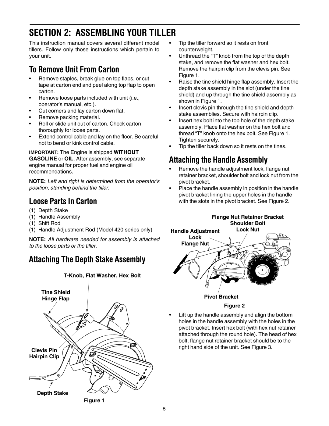 MTD 410 Thru 420 Assembling Your Tiller, To Remove Unit From Carton, Loose Parts In Carton, Attaching the Handle Assembly 