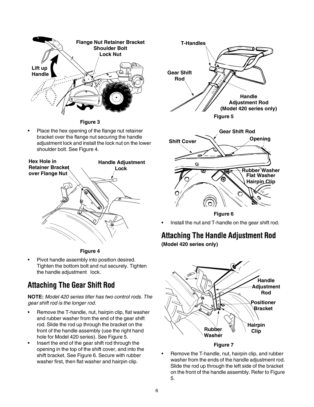 MTD 410 Thru 420 manual Attaching The Gear Shift Rod, Attaching The Handle Adjustment Rod, Handles 