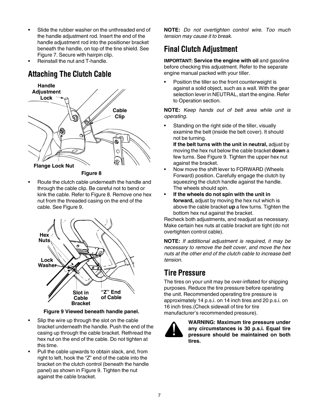 MTD 410 Thru 420 manual Attaching The Clutch Cable, Final Clutch Adjustment, Tire Pressure 