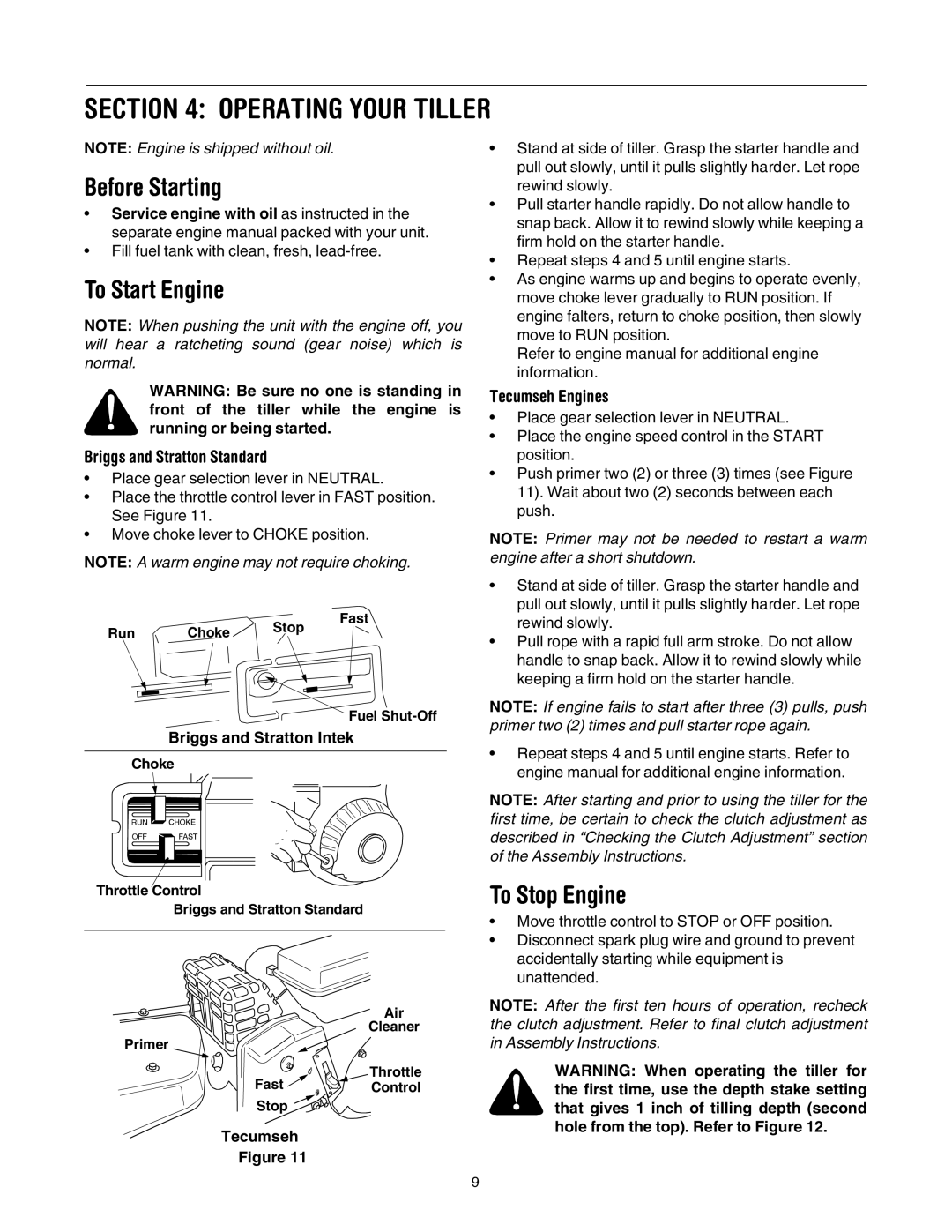 MTD 410 Thru 420 manual Operating Your Tiller, Before Starting, To Start Engine, To Stop Engine 